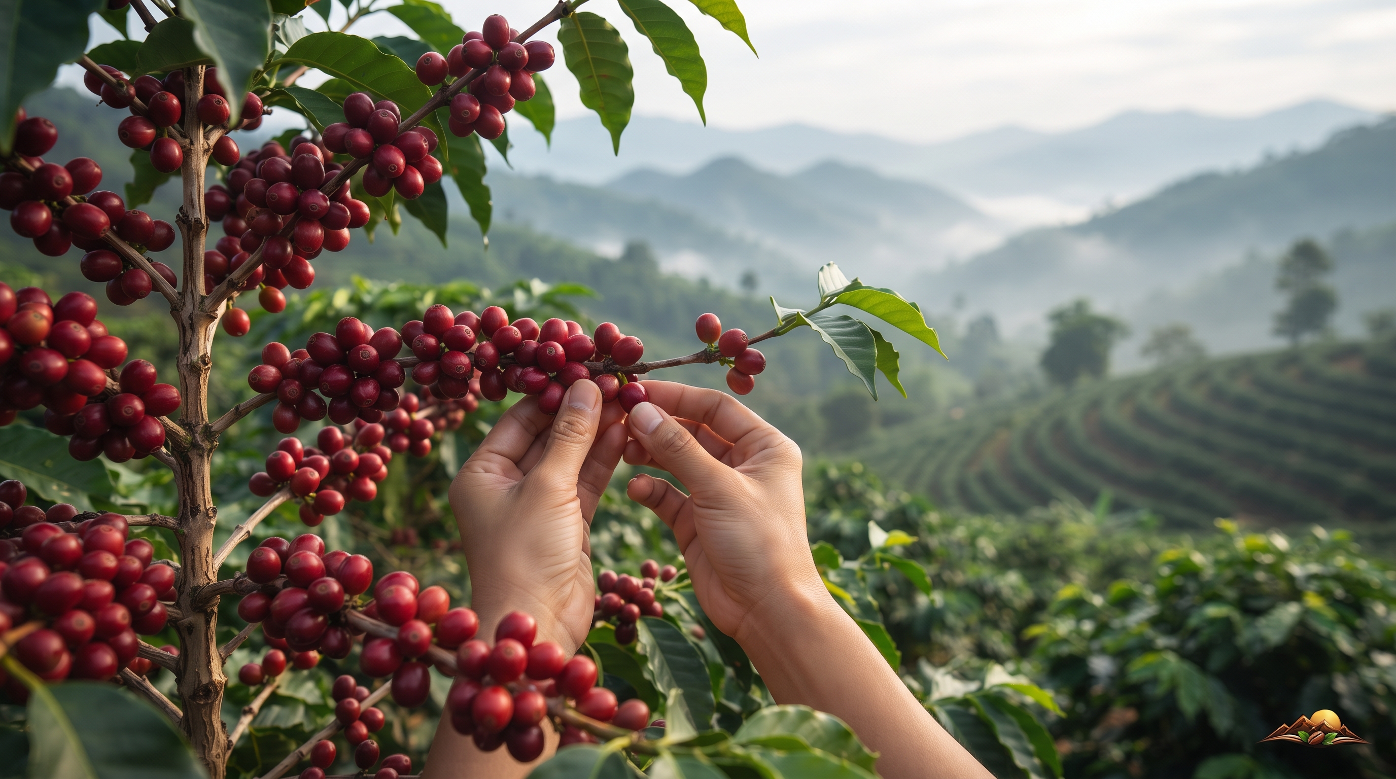 Hand-harvesting ripe red Arabica coffee cherries in Northern Thailand